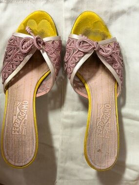 Salvatore Ferragamo Pink Embroidered Open-Toe Slides with Yellow Trim